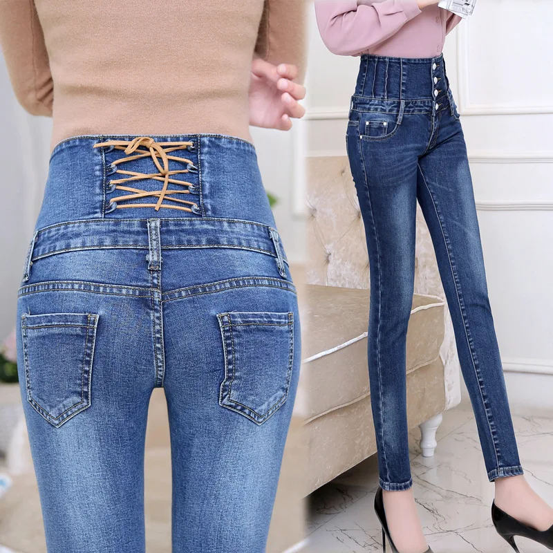 Jean skinny taille haute pour femme, pantalon crayon long, denim élastique, croix au dos, automne, printemps