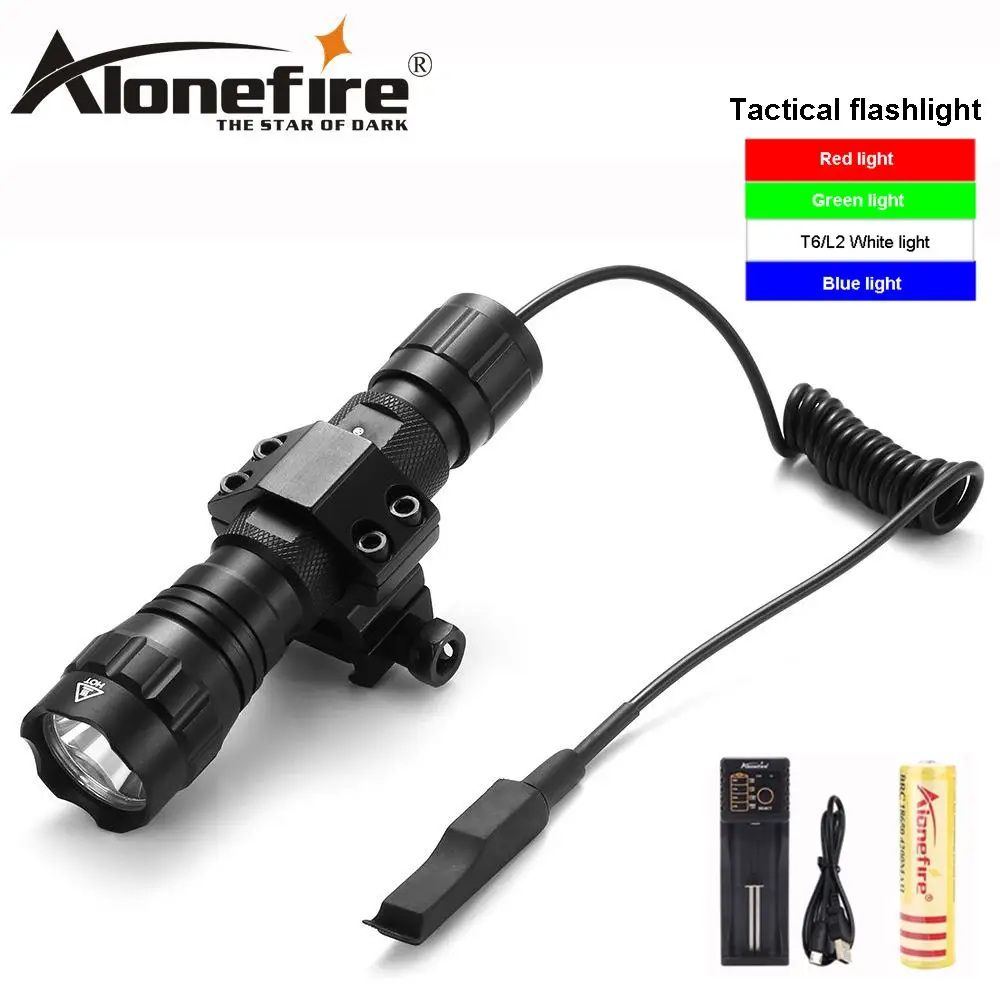 AloneFire 501Bs Tactical Flashlight T6 White/Green/Red/Blue with Pressure Switch Mount Hunting Rifle Gun Torch Light Lamp