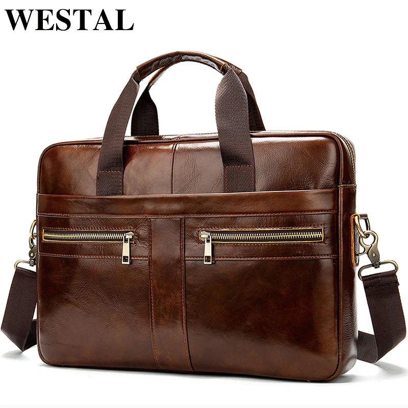 WESTAL Bag men\'s Genuine Leather briefcase Male man laptop bag natural Leather for men Messenger bags men\'s briefcases 2019