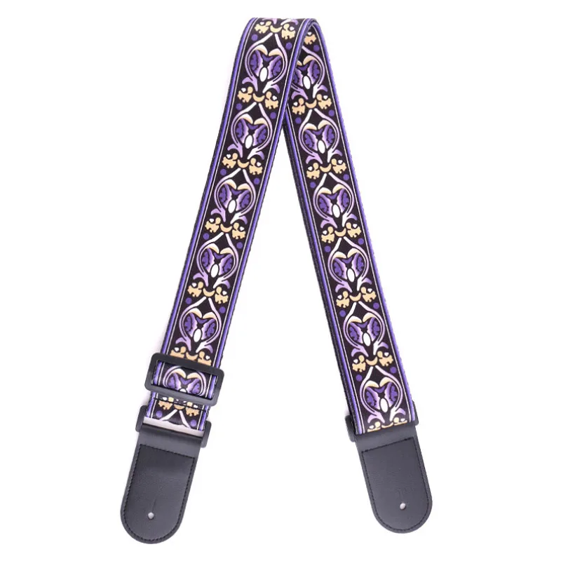 150cm Long 5cm Wide Floral Printed Guitar Bass Strap Polyester w/ PU Leather Head Purple