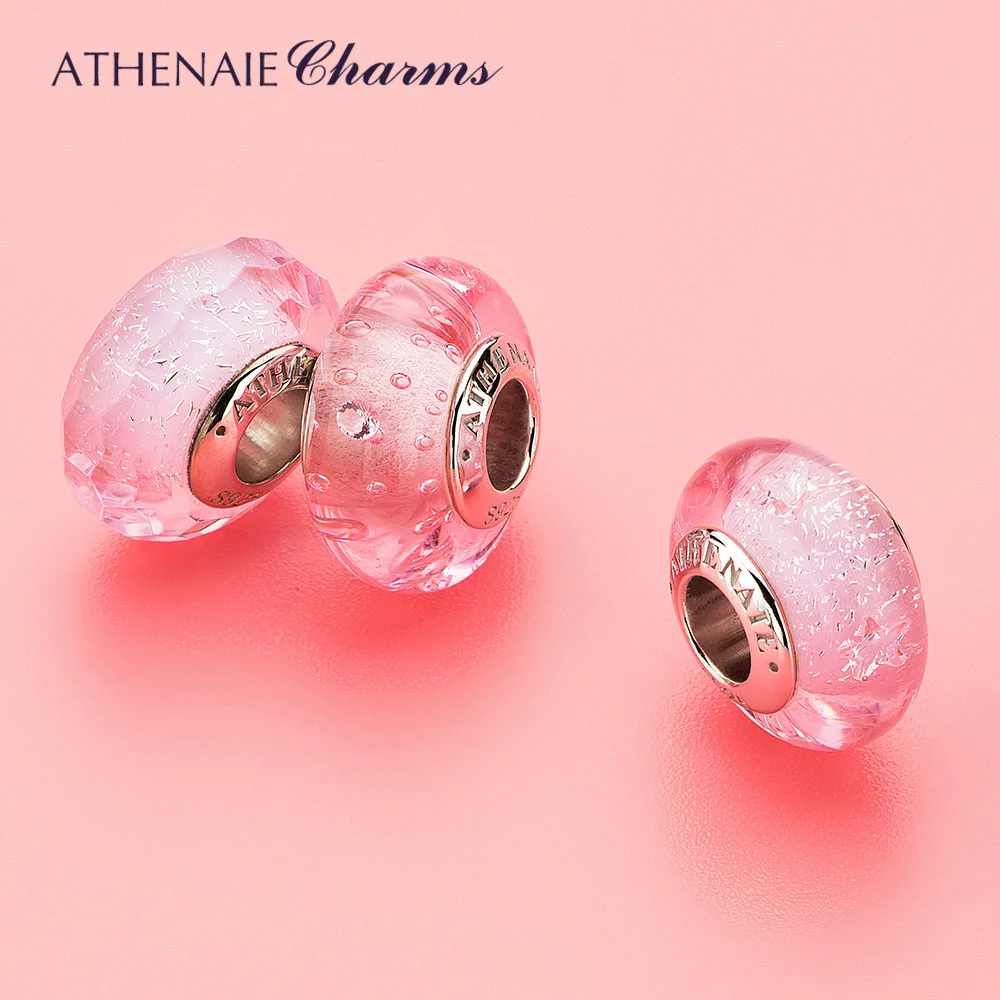 ATHENAIE Genuine 925 Silver Core Murano Glass Beads  Effervescence Clear CZ Charm Bead Fit European Women Bracelet Color Pink