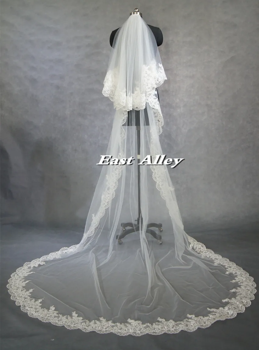 2 Layer 3M Wedding Veil Cathedral Lace Bridal Veil in White , Ivory