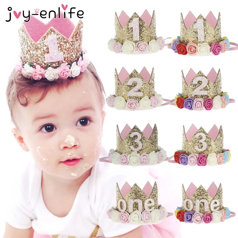 JOY-ENLIFE Flower Crown Newborn Headband Gold Birthday Crown 1 2 3 Year Number Priness Style Birthday Hat Baby Hair Accessory