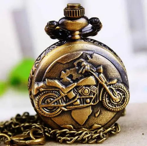 Vintage Bronze mini Motorcycle Motorbike Pocket Watch Retro Necklace Pendant Chain MOTO Quartz Watch