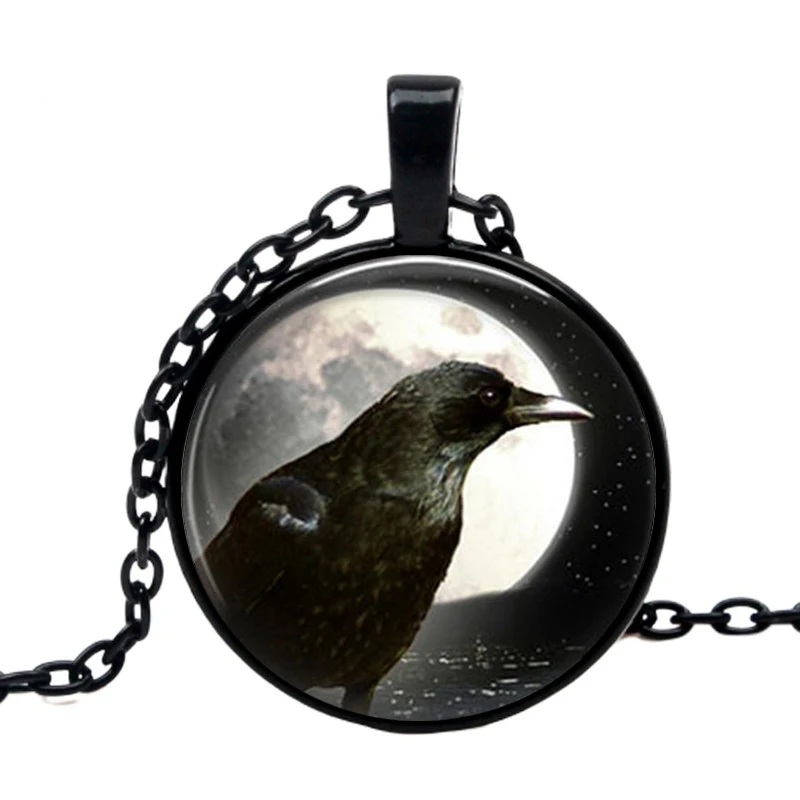 

2019 Fashion Charm Full Moon Crow Round Pendant Necklace birds black night sky Necklaces animal women statement Handmade chain