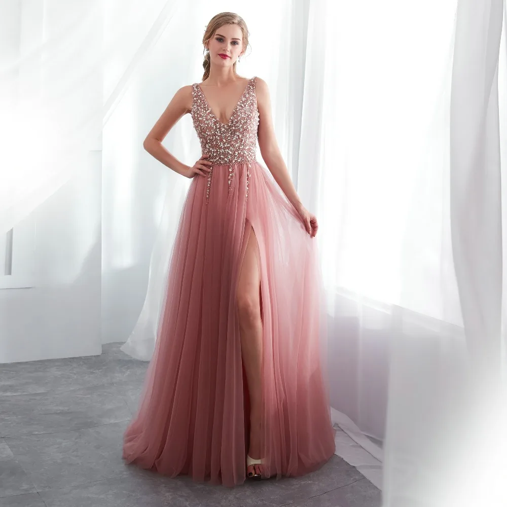 JaneVini – robe longue de demoiselle d'honneur, Sexy, décolleté en V profond, dos nu, traîne de balayage, fente haute, perles, ligne A, robes de bal formelles en Tulle