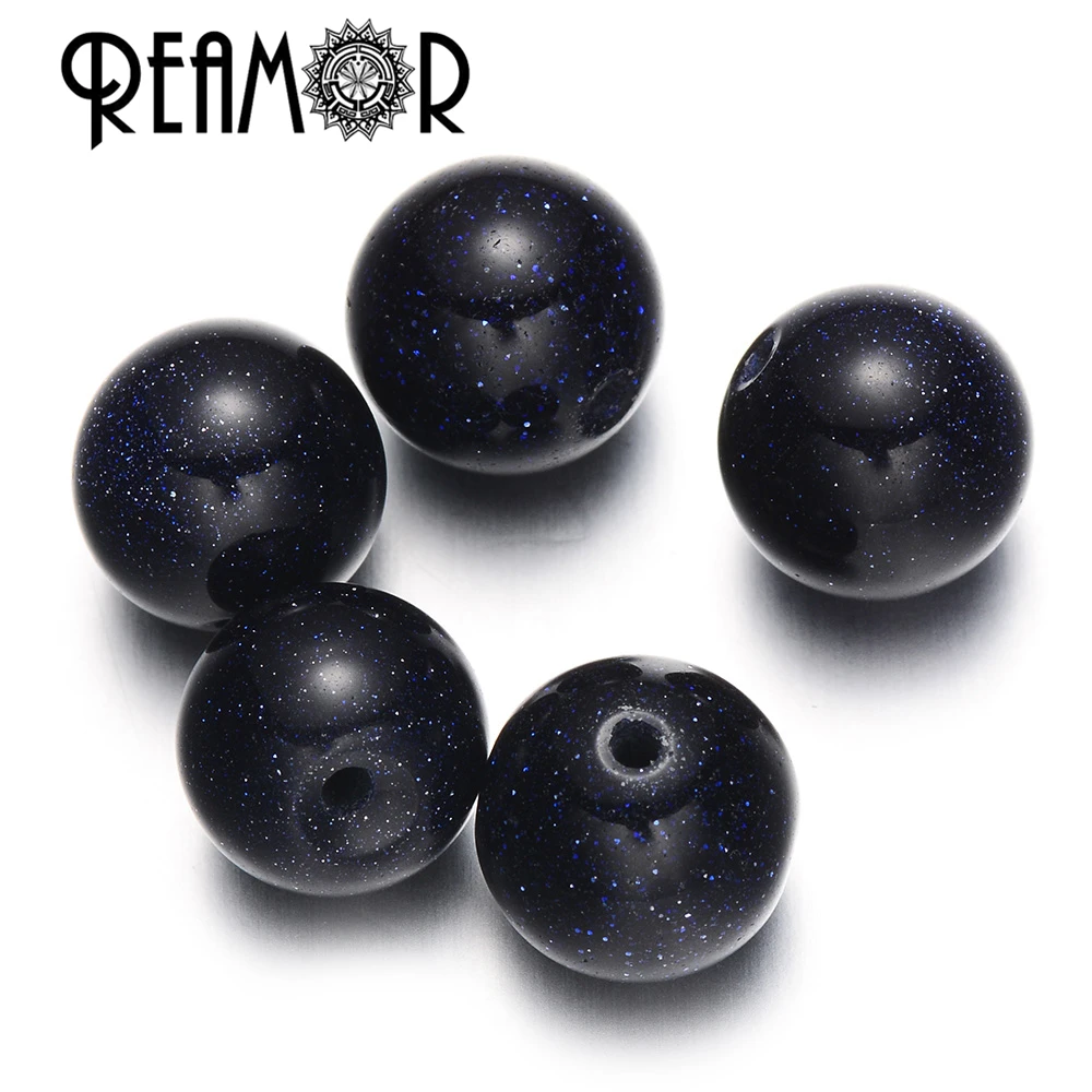 REAMOR Blue Sandstone Natural Stone Beads Night Starry Sky Round Small Hole Beads Charms For Bracelet Jewelry Making Wholesale