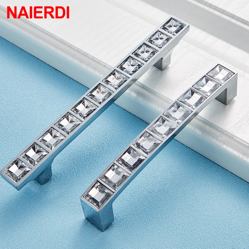 NAIERDI Crystal Glass Knobs Cabinet Handles Silver Crystal Cupboard Pulls Drawer Knobs Kitchen Furniture Handle Hardware