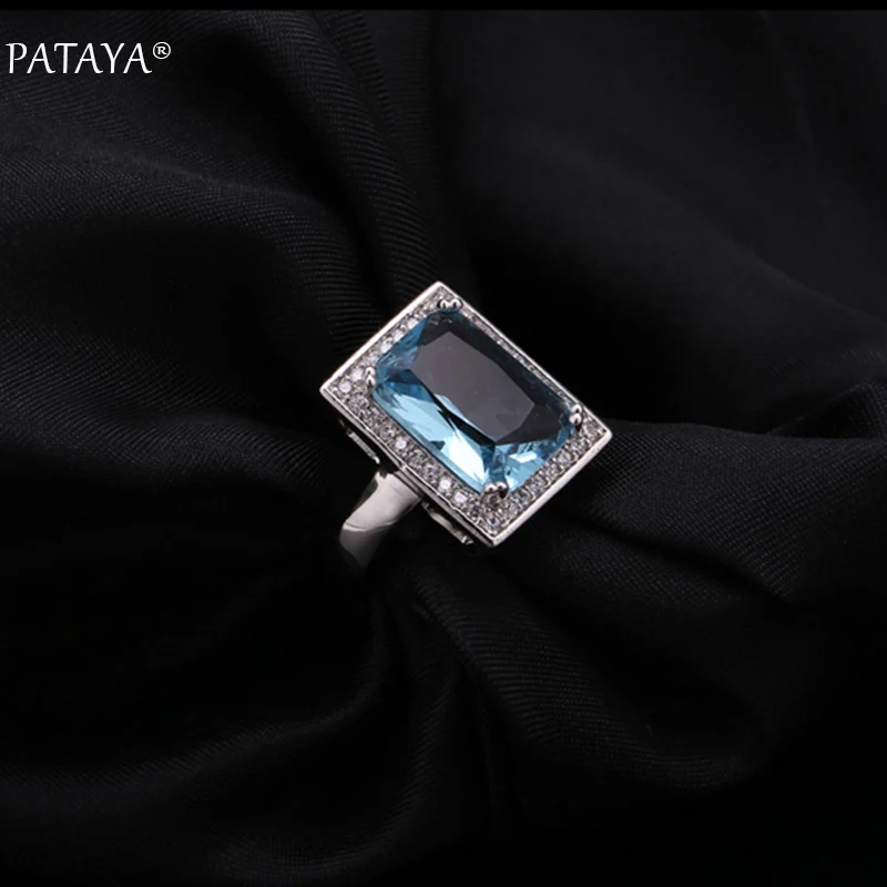 PATAYA New Fashion Jewelry Sets True White Gold Color Blue Natural Zircon Ring Earrings Sets Wedding Decoration Fine Jewelry Set