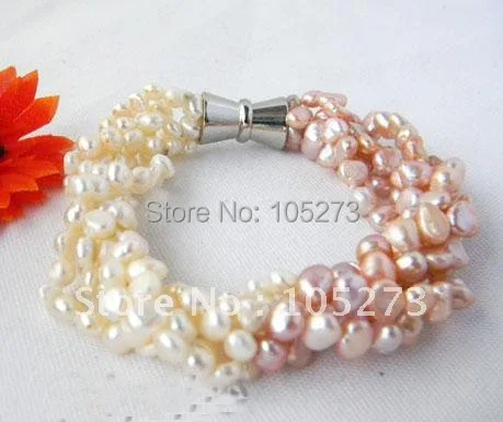 5Row 5mm White Pink Freshwater Pearl Bracelet Beautiful Genuine Pearl Bracelet 8''inchs Magnet Clasp New FN987