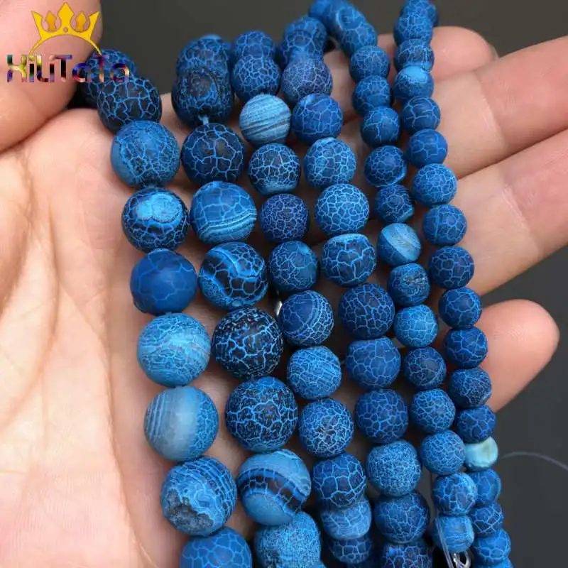 Natural Stone Beads Frost Dark Blue Cracked Dream Fire Dragon Veins Agates Beads For Jewelry Making DIY Bracelet 15‘’ 6/8/10mm view 2