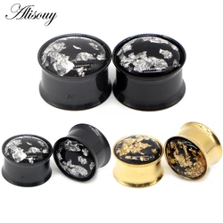 Alisouy 2pcs Black Gold Color Ear Piercing Plugs Tunnels Stretcher Expander Stainless Steel Fashion Stud Gauges Body Jewelry