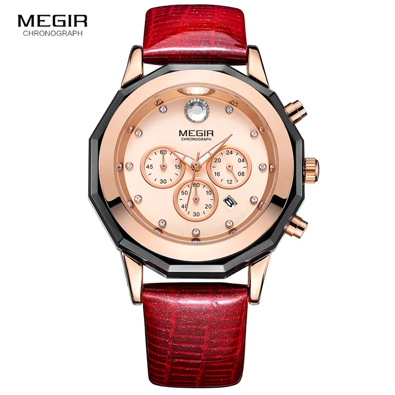 Megir Fashion Quartz Watch Women Luxury Chronograph Wrist Watch Lady Red Genuine Leather Strap Waterproof Relogio Femininos 2042