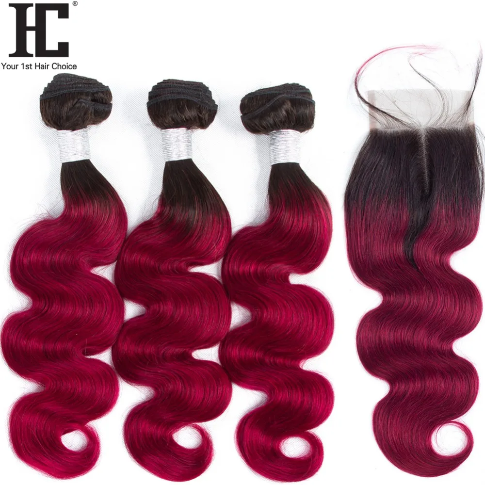 

HC Ombre 3 Hair Bundles With Closure Peruvian Body Wave 1B/Burgundy Human Hair Bundles With Closure Non Remy Hair Weave 4 Pcs