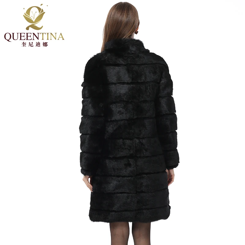 QUEENTINA Real Rabbit Fur Coat New In Outerwears Winter Stand Collar Thick Soft Warm Clothing Women Pelt Natural Long Fur Jacket