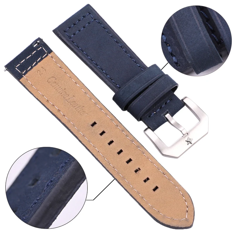 24mm Cowhide Watchband Black Brown Gray Blue Women Men Genuine Leather Watch Strap Bracelet Watch Accessories Pentagram Buckle