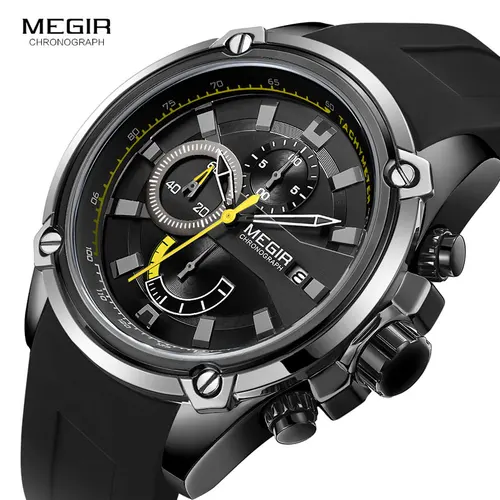 Relojes MEGIR Army Sports de cuarzo para hombre, correa de silicona negra, reloj de pulsera con cronógrafo marino militar para hombre, relojes 2086 negro
