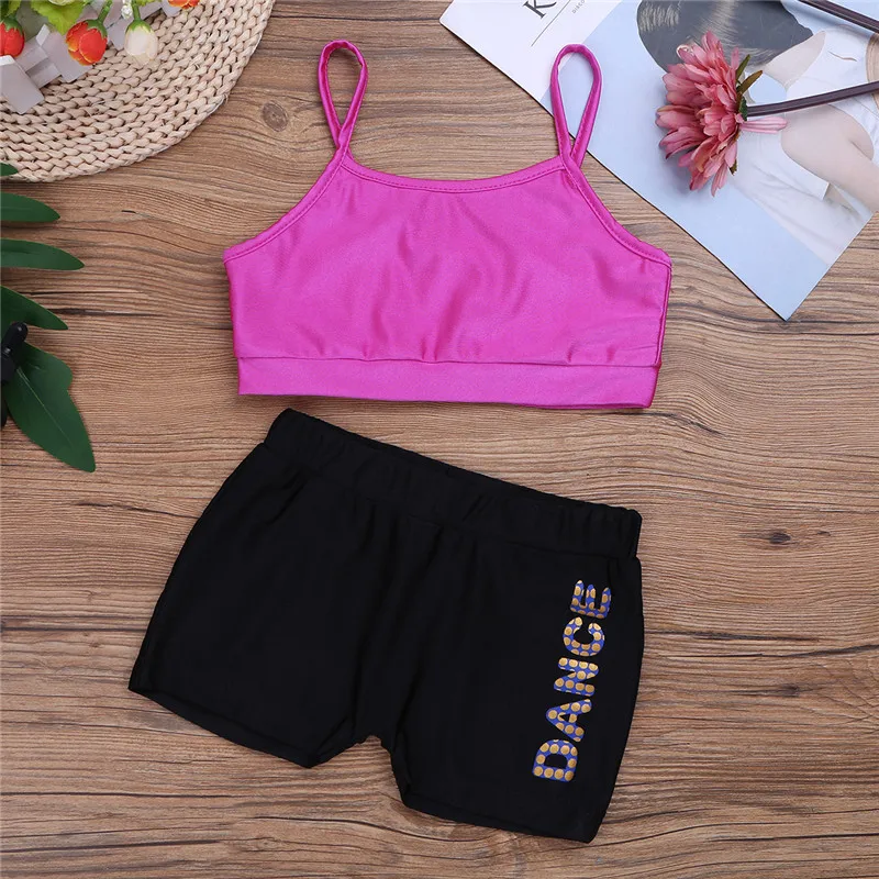 TiaoBug Trẻ Em Cô Gái Hai mảnh Khiêu Vũ Mặc Crop Top với Bộ Quần Short Thể Thao Trẻ Em Múa Ba Lê Khiêu Vũ Tập Luyện Thể Dục Dụng Cụ Quần Short tops Đặt