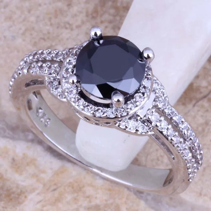 Black Cubic Zirconia White CZ Silver Plated Ring Size 5 / 6 / 7 / 8 / 9 / 10 / 11 / 12 S0442