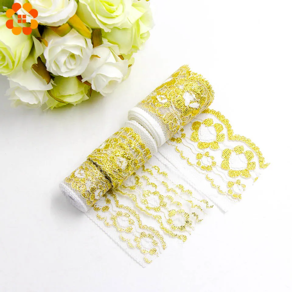 10Yards 3 Sizes Gold Embroidered Lace Ribbon Soft Net Lace Trim Fabric Handmade DIY Sewing Decoration Wedding Party Supplies