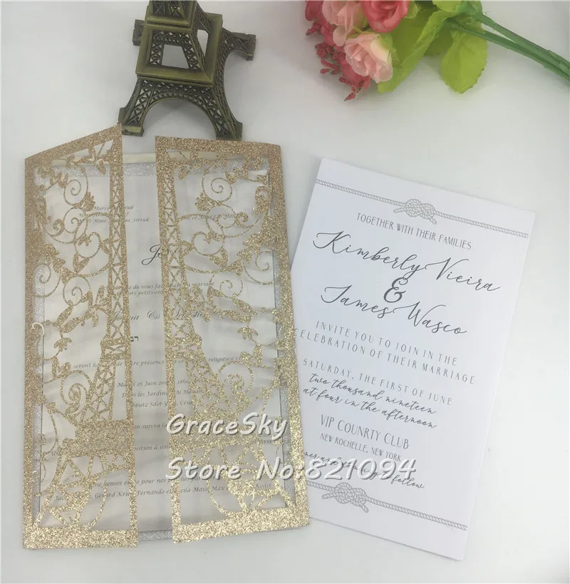 

free shipping 50pcs Laser cut Pairs EiffelTower Glitter paper 2019 wedding invitation cards with Receipt Customized card