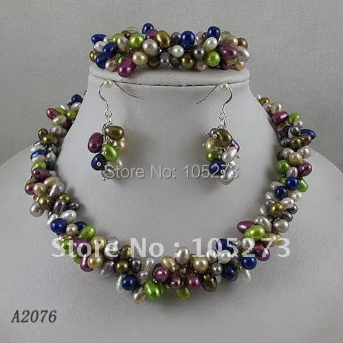

Wholesale Elegant jewelry set Multicolor fresh water pearl necklace bracelet earring magnet clasp free shipping A2076