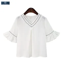 [EL BARCO] Cotton Linen Chiffon Blouse Shirts Women Summer V-Neck Short Flare-Sleeve White Female Casual Tops Blusa Plus Size