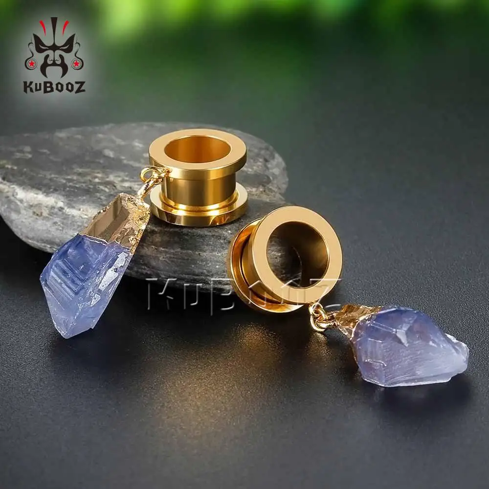 KUBOOZ Dangle Ear Plugs Piercing Tunnels Crystal Eardrop Body Jewelry Steel Screw Earring Gauges Expander Women Fashion Gift 2PC
