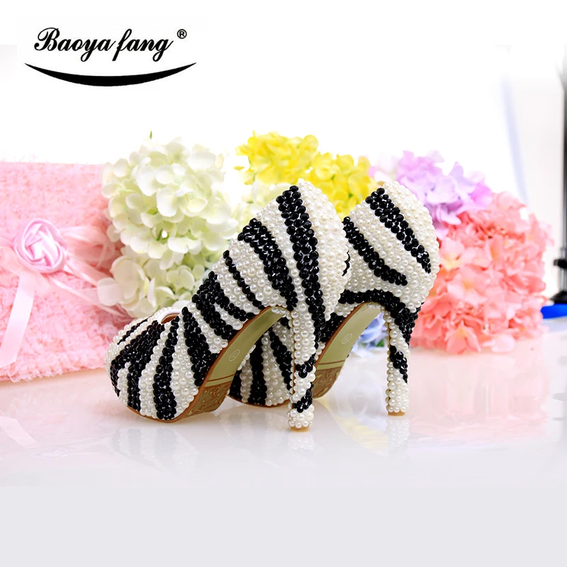 New arrival real leather Zebra stripes Black/white pearl Womens party shoes Bridal wedding shoes Peep toe High heel shoes