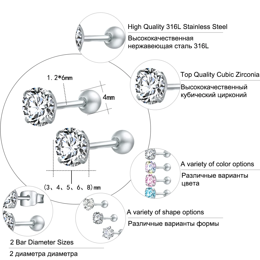 Małe okrągłe kolczyki kryształowe kolczyki śruba kulkowa kolczyki damskie ze stali nierdzewnej Mini małe kolczyki dziecięce przebite ucho Oorbellen