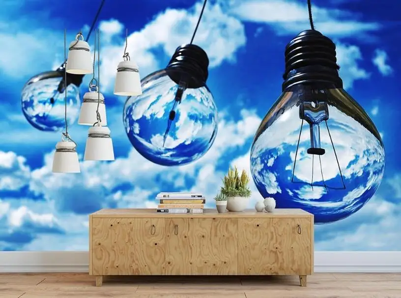 

European Creative Mural Wallpaper Light bulb blue sky HD white clouds Wallpaper 3D Stereoscopic TV Backdrop