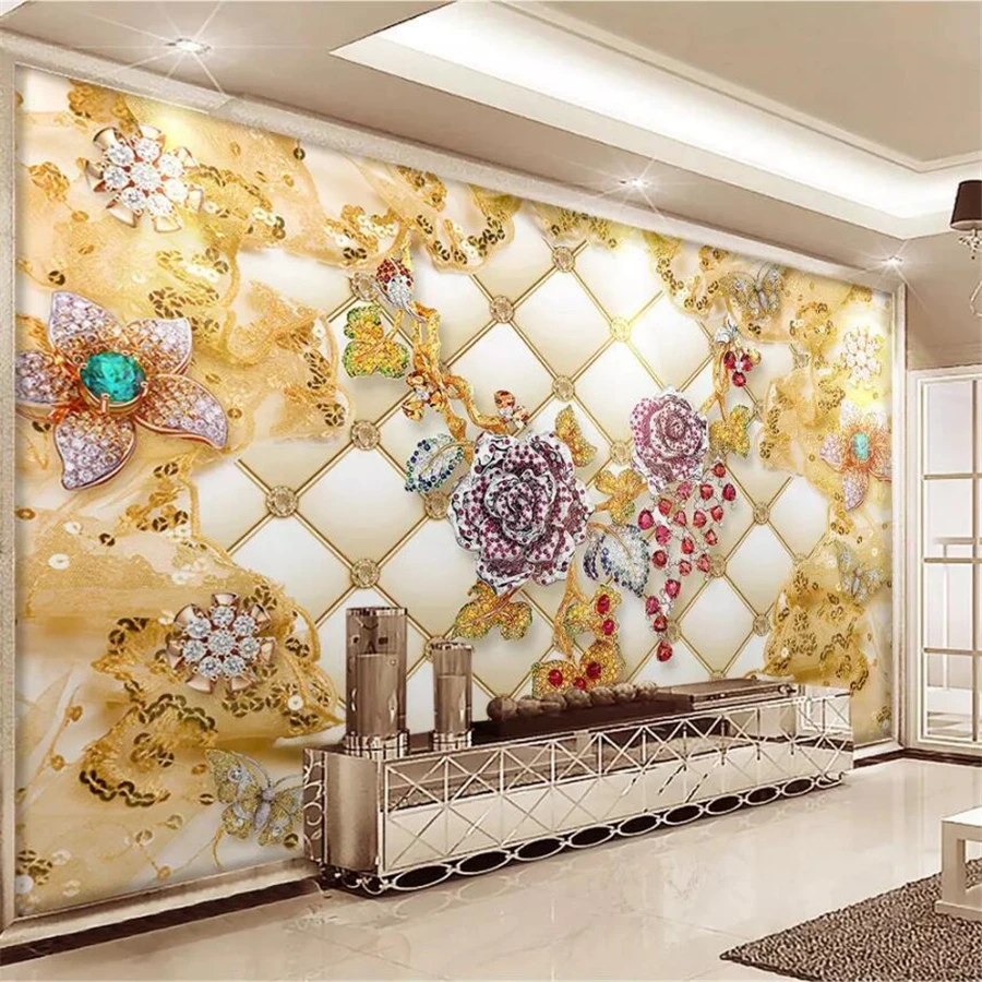 

wellyu Custom wallpaper fashion 3D photo mural papel de parede обои 3d soft package luxury gold diamond flower jewelry wallpaper