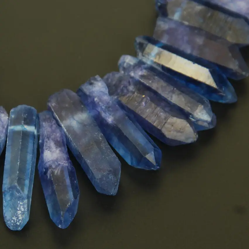 Rough Lapis Blue Color Quartz Crystal Top Drilled Tusk Spike Beads Necklace Strand,Natural Stones Stick Points Jewery