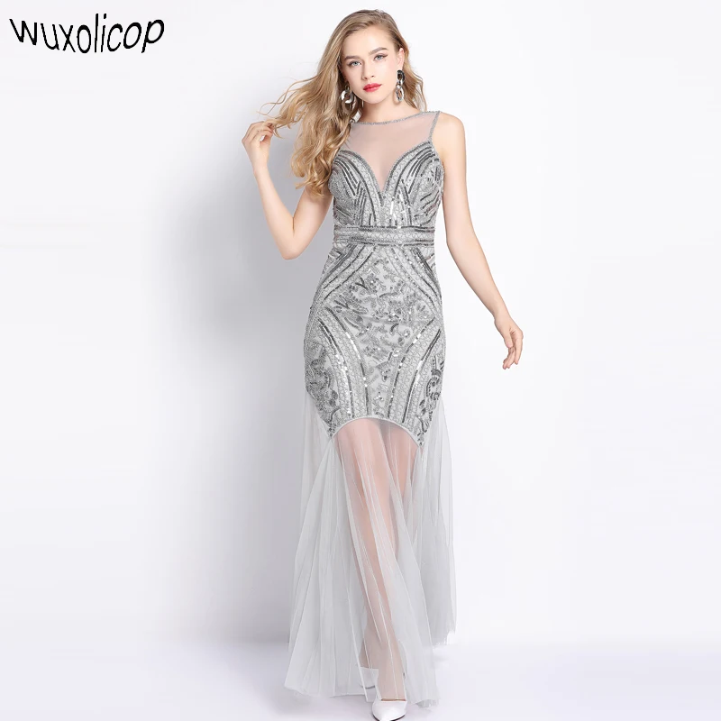 

1920s Great Gatsby Flapper Dress Sheer Long Maxi Formal Party Dress Women Sleeveless V Back Vestido Beaded Sequin Evening Dress