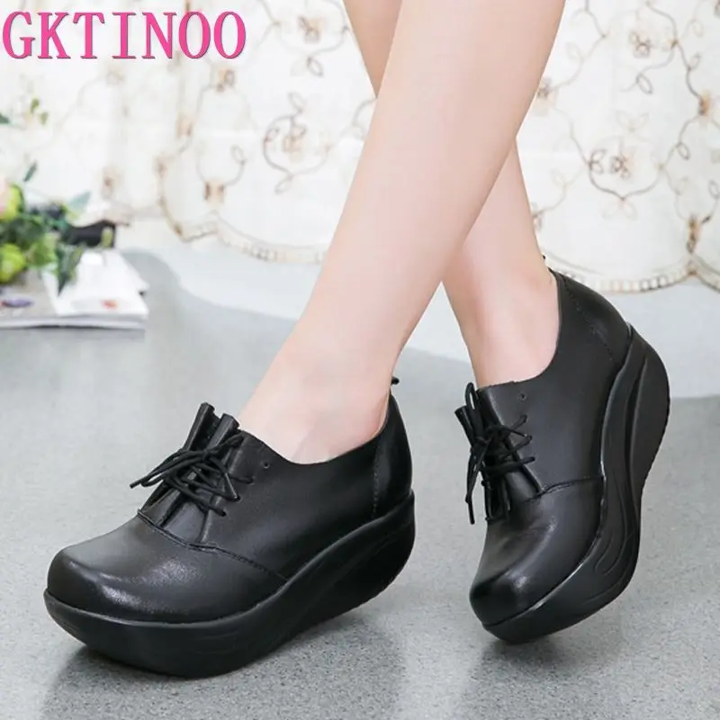 GKTINOO New Women\'s Genuine Leather Platform Shoes Wedges Black Lady Casual Shoes Swing Lace Up High Heels Shoe Plus Size 34-43