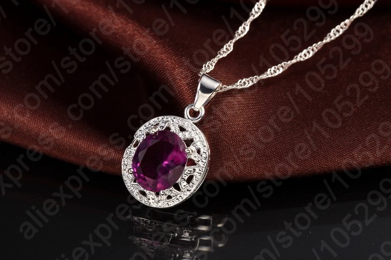 Elegant Women 925 Sterling Silver Color Purple Crystal Pendants Necklaces Earring Ring Set for Wedding Engagement Jewelry Gift