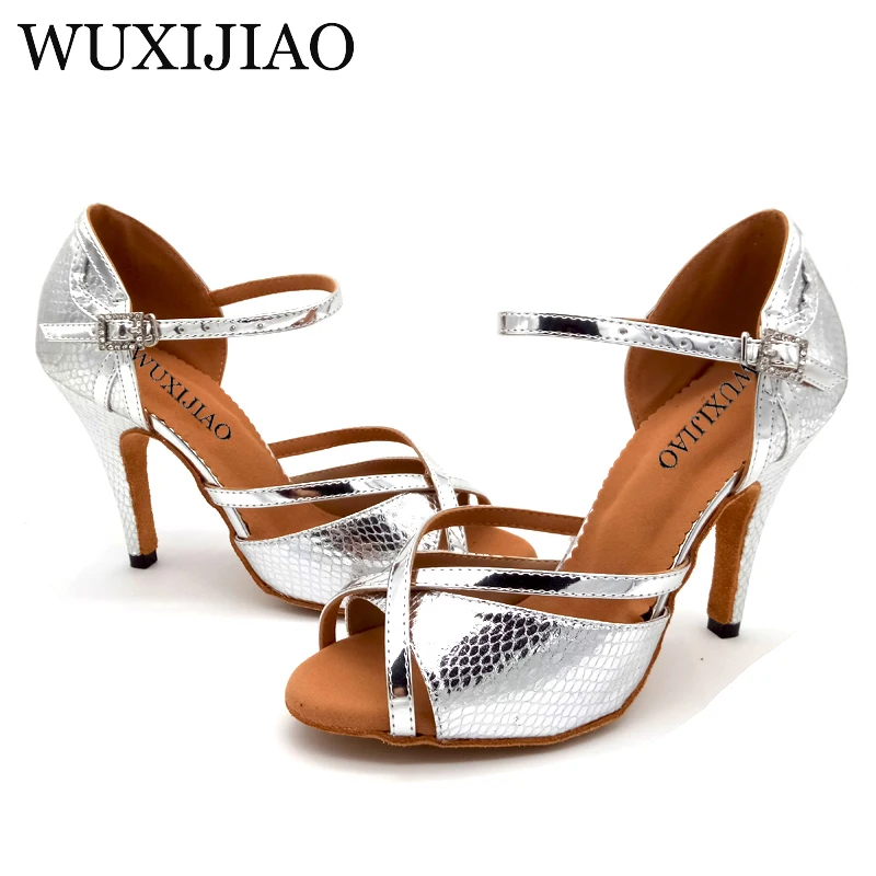 WUXIJIAO 2018 New Women Snake texture PU Silver Shoes For Dance Shoes Ladies Latin Ballroom Salsa Dance Shoes Sandals