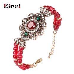 Kinel Boho Crystal Flower Couple Bracelet Jewelry Fashion Antique Gold Red Natural Stone Wedding Bracelet Bridal Party Gift Hot