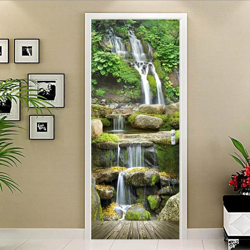 

PVC Waterproof Door Sticker 3D Waterfalls Scenery Stone Wallpaper Living Room Restaurant Door Decals Self-Adhesive Home Stickers