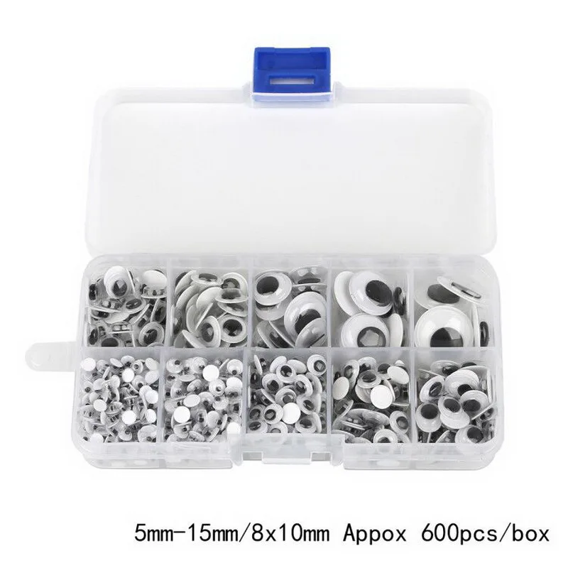 1 Set (600Pcs) 5mm-15mm Round Self-Adhesive Wiggly Google Eyes Plastic Cartoon Animal Doll Eyeballs Eyes Dolls Accessories