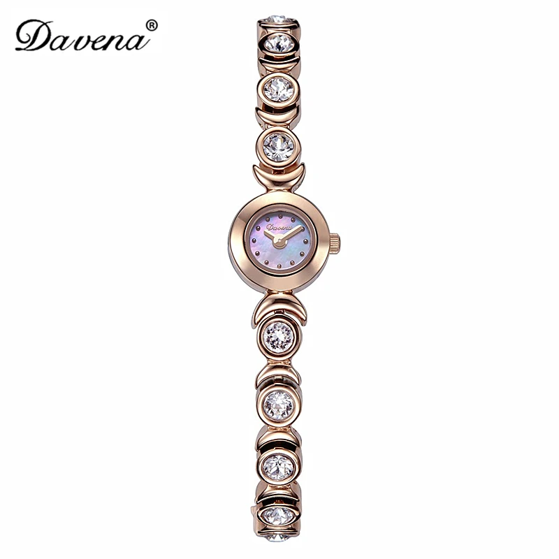 Luxury Davena Lady Woman Mini Watch Elegant Mother-of-pearl Fashion Hours Crystal Steel Bracelet Party Girl\'s Birthday Gift Box