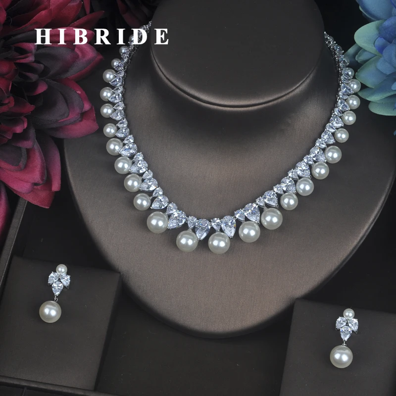 

HIBRIDE Luxury Design Simulated Pearl Link Chain Women Wedding Jewelry Sets ,Gold color AAA Cubic Zirconia Set For Bridal N-157