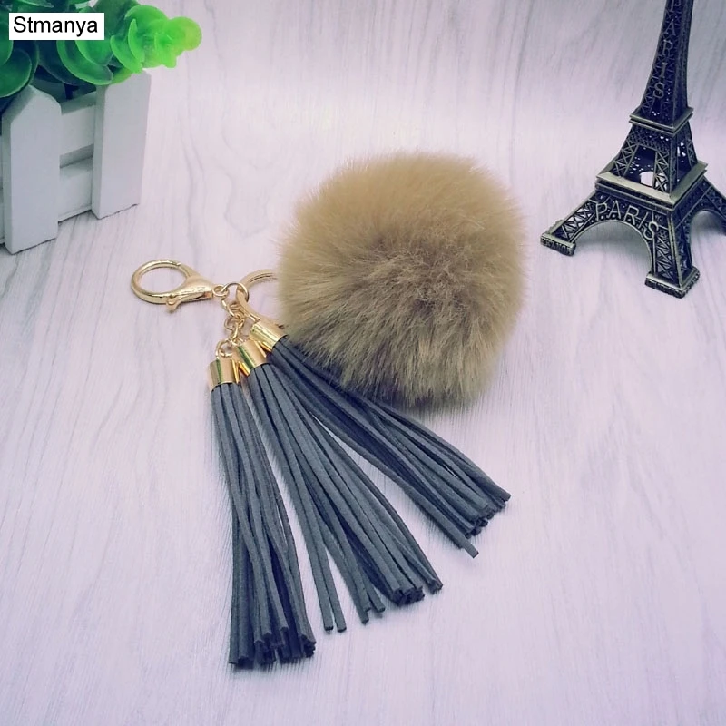 Women Tassel Fur Ball Key Chain with 3 Tassels and 8cm Pompom Plated Gold- For Car Keychain Bag Key Ring Jewelry 16012