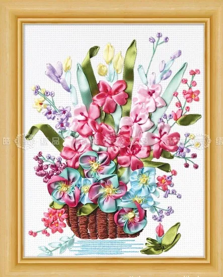 Flower vase basket set Ribbon embroidery kit stain silk belt painting handcraft kit DIY handmade needlework art home decor plus