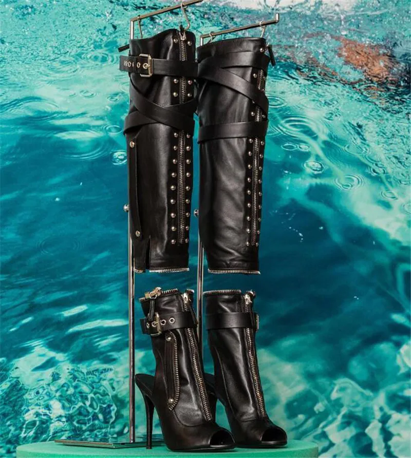 New Design Fashion Open Toe Black Leather Zippers Design Removable Over Knee Gladiator Boots Open Toe Separable High Heel Boots