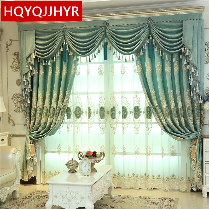 

American luxury green embroidered curtains for bedroom windows with high quality Voile Curtain for living room hotel kitchen