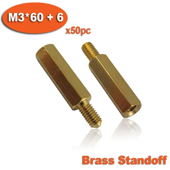 50pcs Male To Female Thread M3 x 60mm + 6mm Brass Hexagon Hex Standoff Spacer Pillars