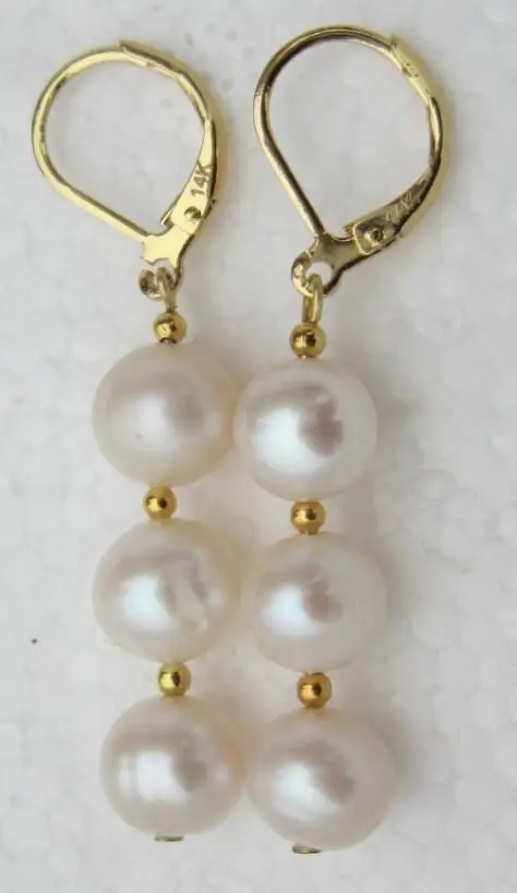 Hot AAA 9-10mm Perfect South Sea White Pearl Earrings14k/20 Solid Gold Marked