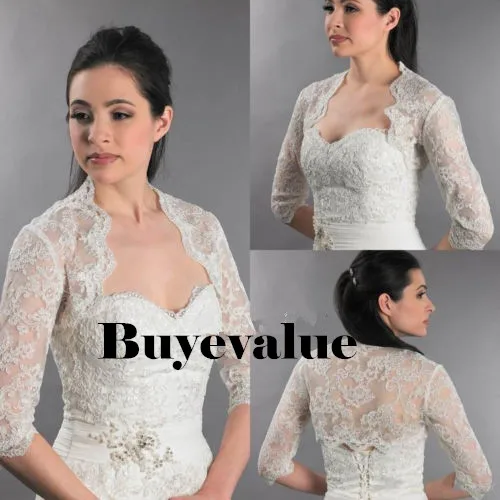 3/4 Sleeve Lace Ivory Shawl Bolero Wedding Jacket Bridal Shrug Wraps Custom Size T48