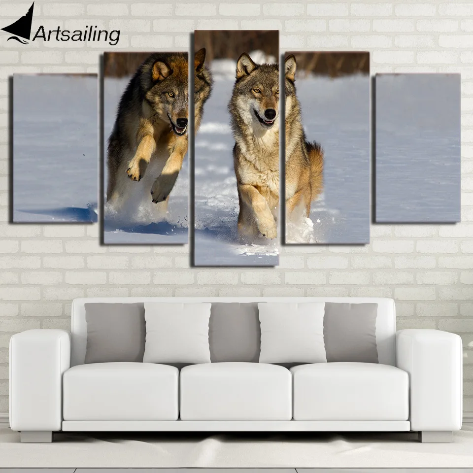 wall art canvas painting 5 piece HD print Snow Wolf posters and prints Wooden Framed modular canvas art home decor CU-2210C